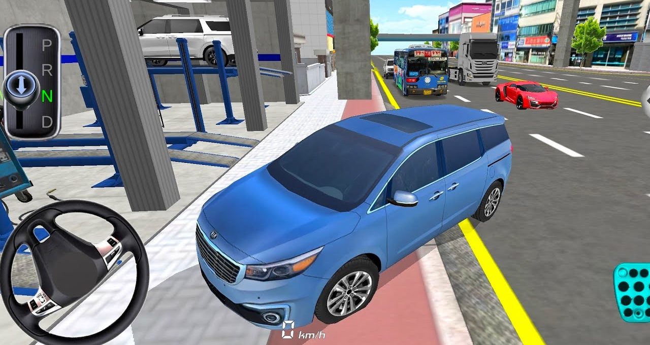Blue minivan parked partly on sidewalk beside busy urban street with traffic.