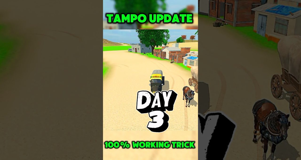 Mobile game screenshot showing a tuk-tuk driving through a village with horses.