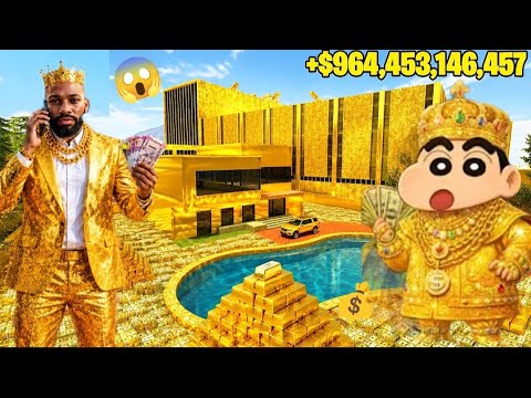 Man in gold suit and cartoon king beside gold mansion, pool, and stacked bars