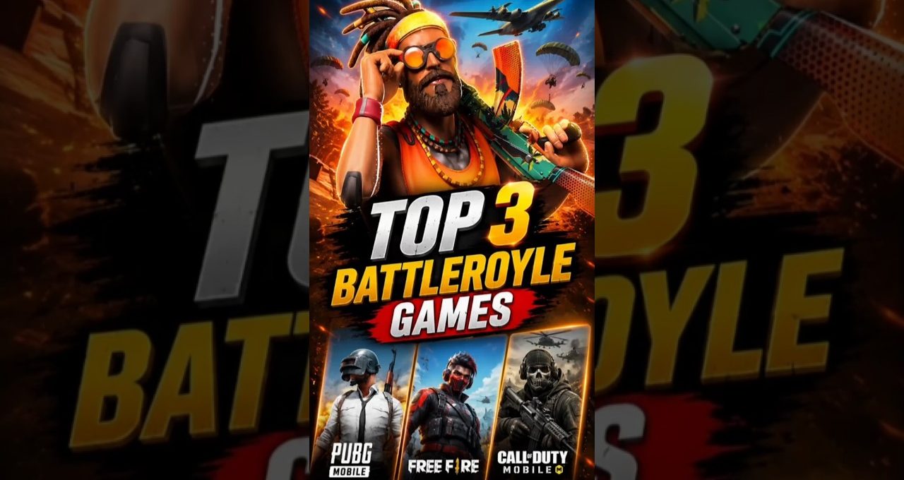 Colorful poster featuring "Top 3 Battleroyale Games" with PUBG, Free Fire, Call of Duty