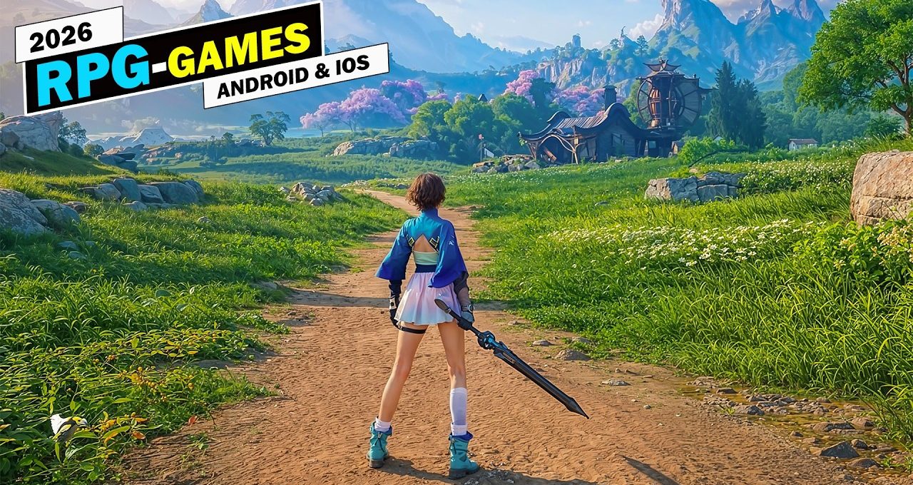 Young warrior with large sword walking down a dirt path toward distant fantasy village