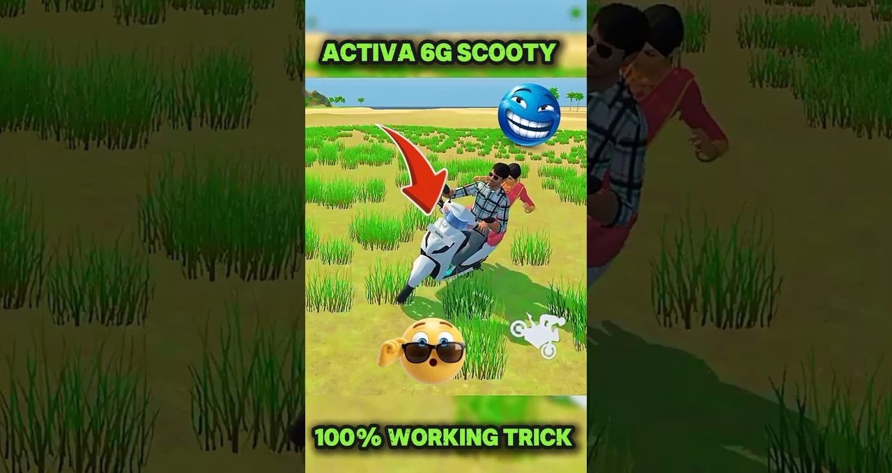 Two characters riding a white scooter across grassy fields with playful emojis