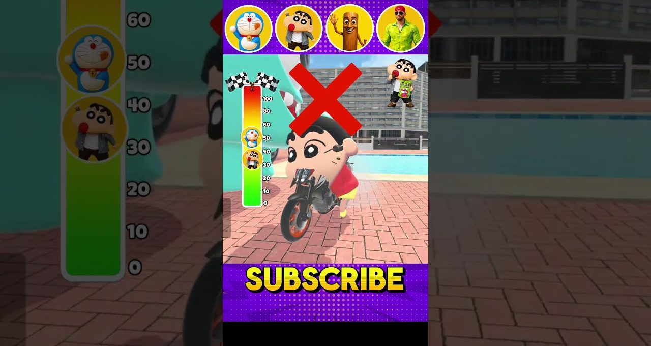 Cartoon character riding a motorcycle near a pool with a red X overlay