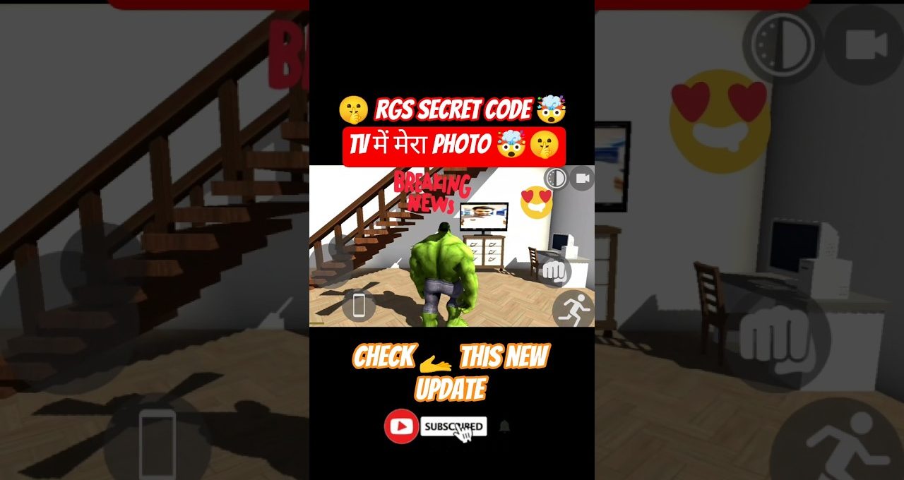 Green superhero character walking toward TV in a living room with staircase and icons