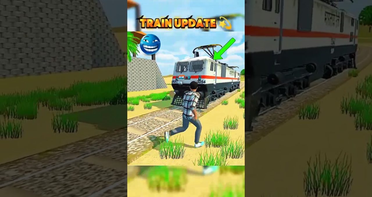 Man running toward a white locomotive on tracks with "Train Update" banner above