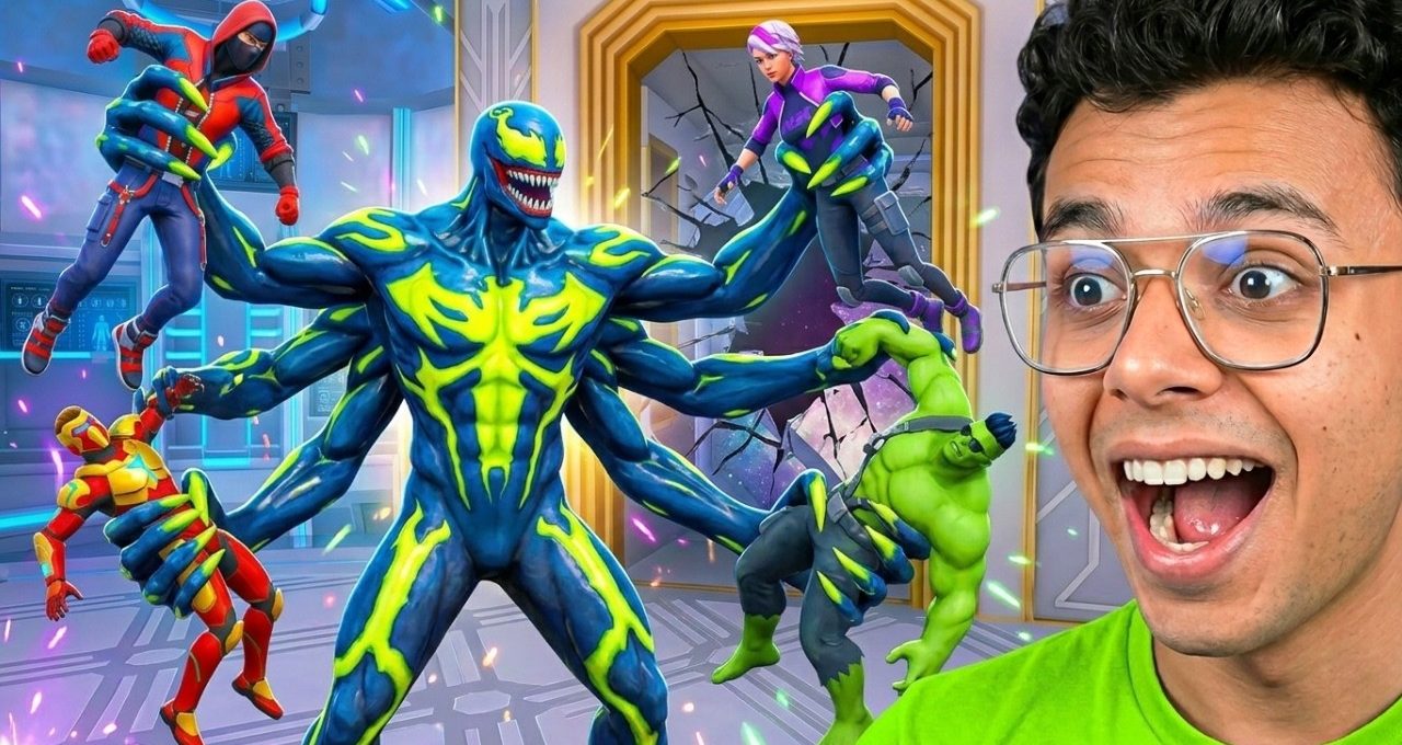 Excited man watching a multi-armed alien creature holding several superheroes in lab