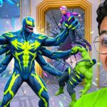 Excited man watching a multi-armed alien creature holding several superheroes in lab