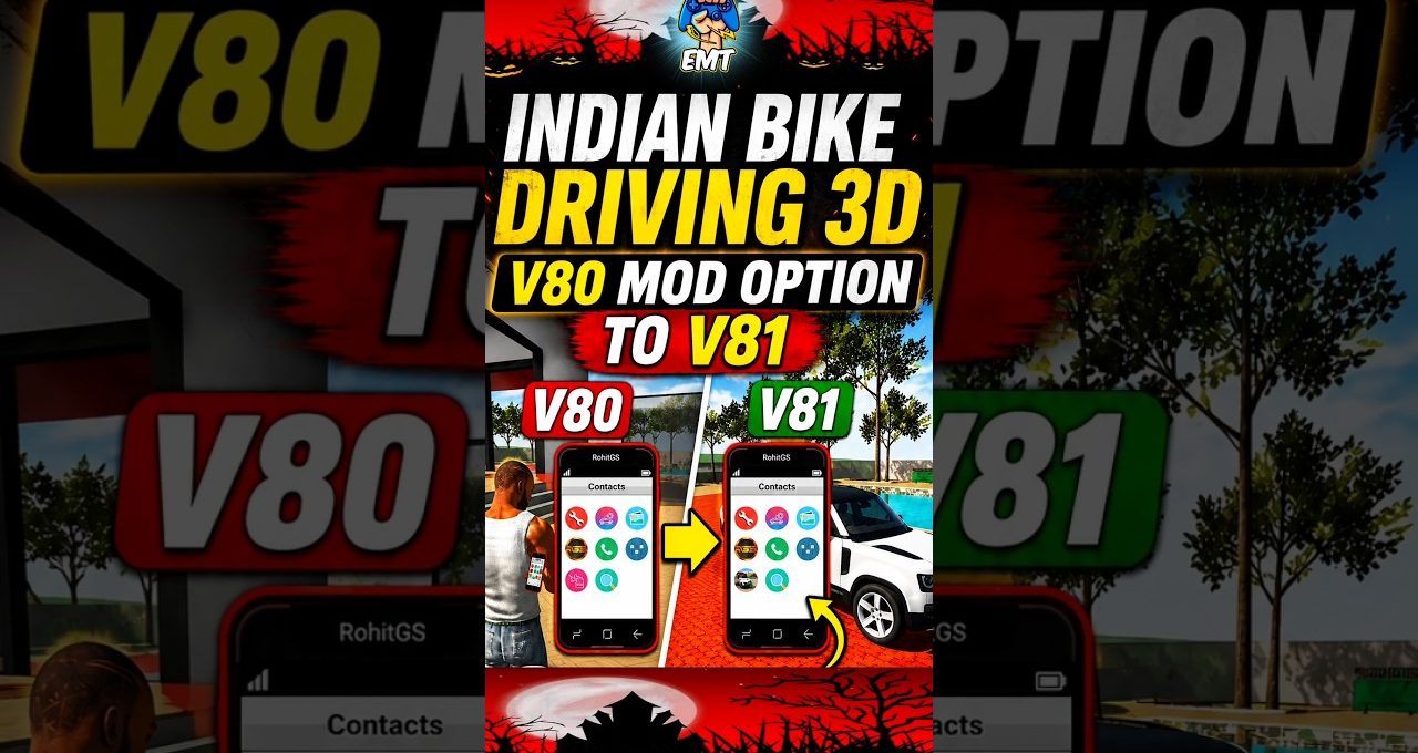 Promotional poster for Indian Bike Driving 3D showing V80 mod updated to V81