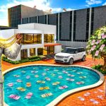 Man in gold suit with crown and chains beside luxury house, money pool and tree