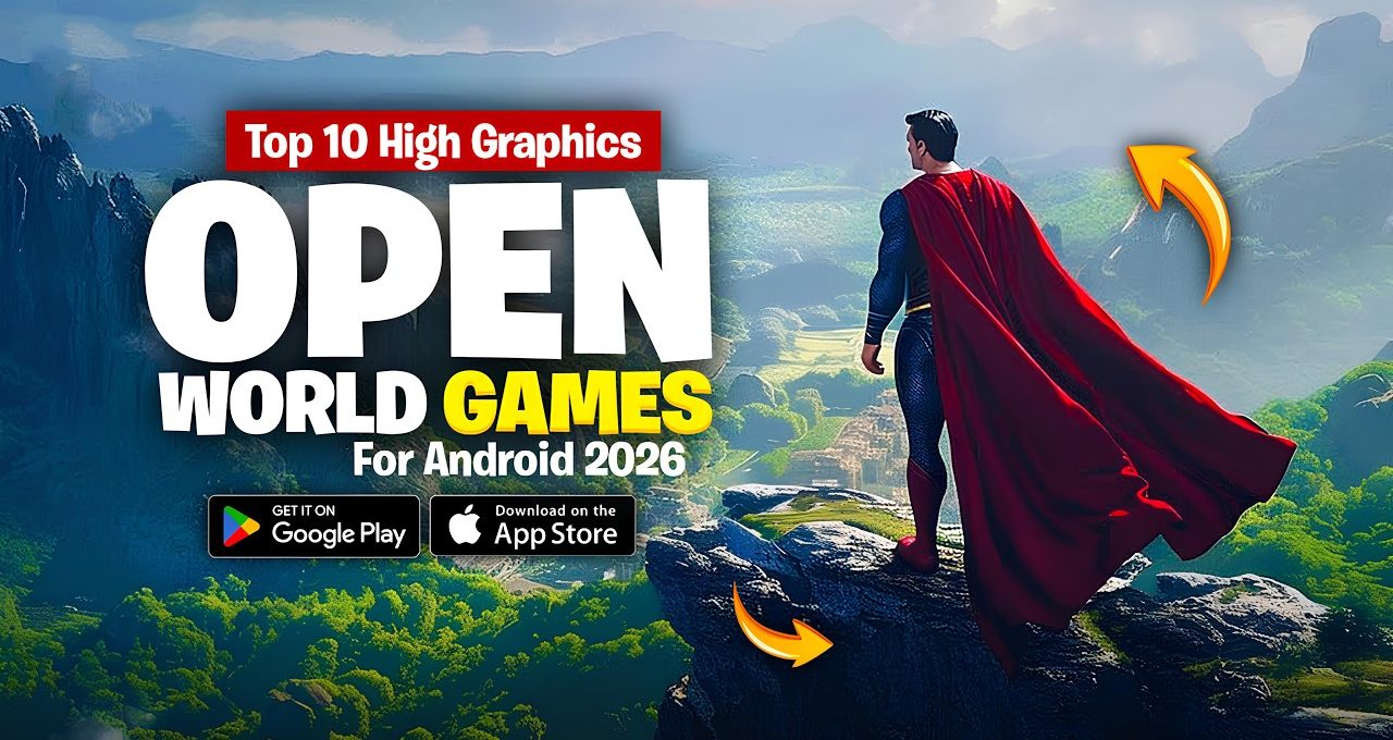 Superhero with red cape overlooking expansive green valley beside bold "Open World Games" text