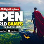 Superhero with red cape overlooking expansive green valley beside bold "Open World Games" text