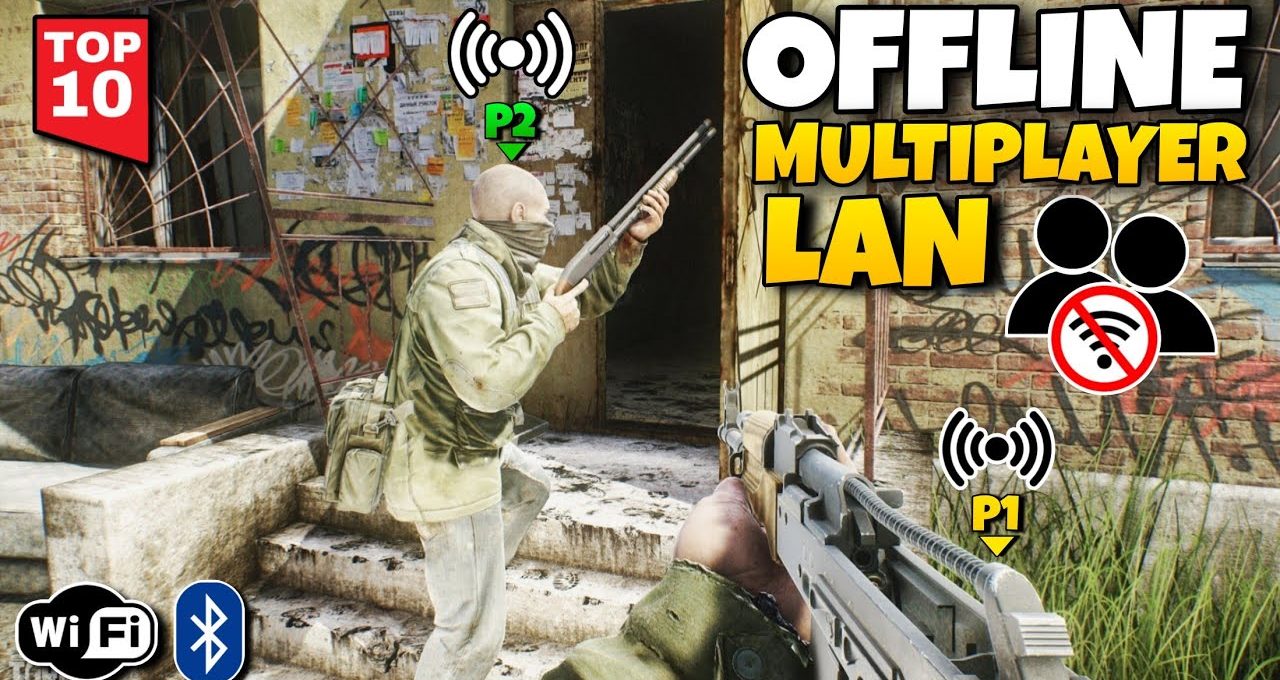 First-person shooter players using LAN-style offline multiplayer in a gritty urban map