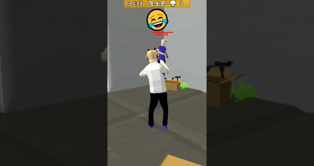 Low-poly game scene showing a player aiming at an enemy in a room