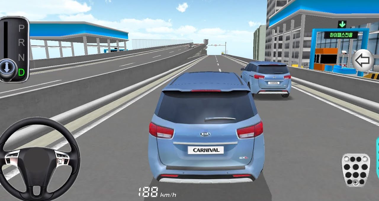 Third-person view of two blue SUVs driving on an elevated urban highway simulation