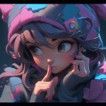Young girl in a pink hat making a shushing gesture with puzzle pieces floating
