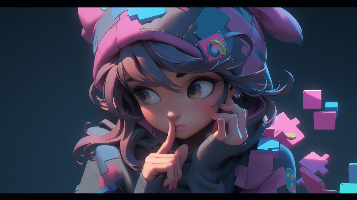 Young girl in a pink hat making a shushing gesture with puzzle pieces floating