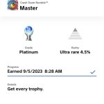 PlayStation trophy screen showing Crash Team Rumble platinum "Master" trophy earned.