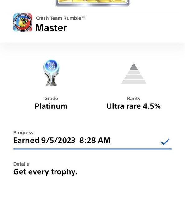 PlayStation trophy screen showing Crash Team Rumble platinum "Master" trophy earned.
