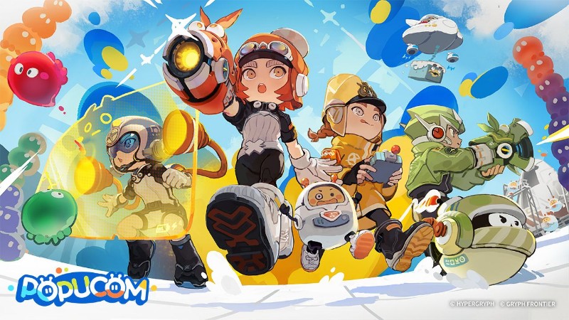 Five colorful cartoon characters in futuristic gear running through a playful sci‑fi landscape