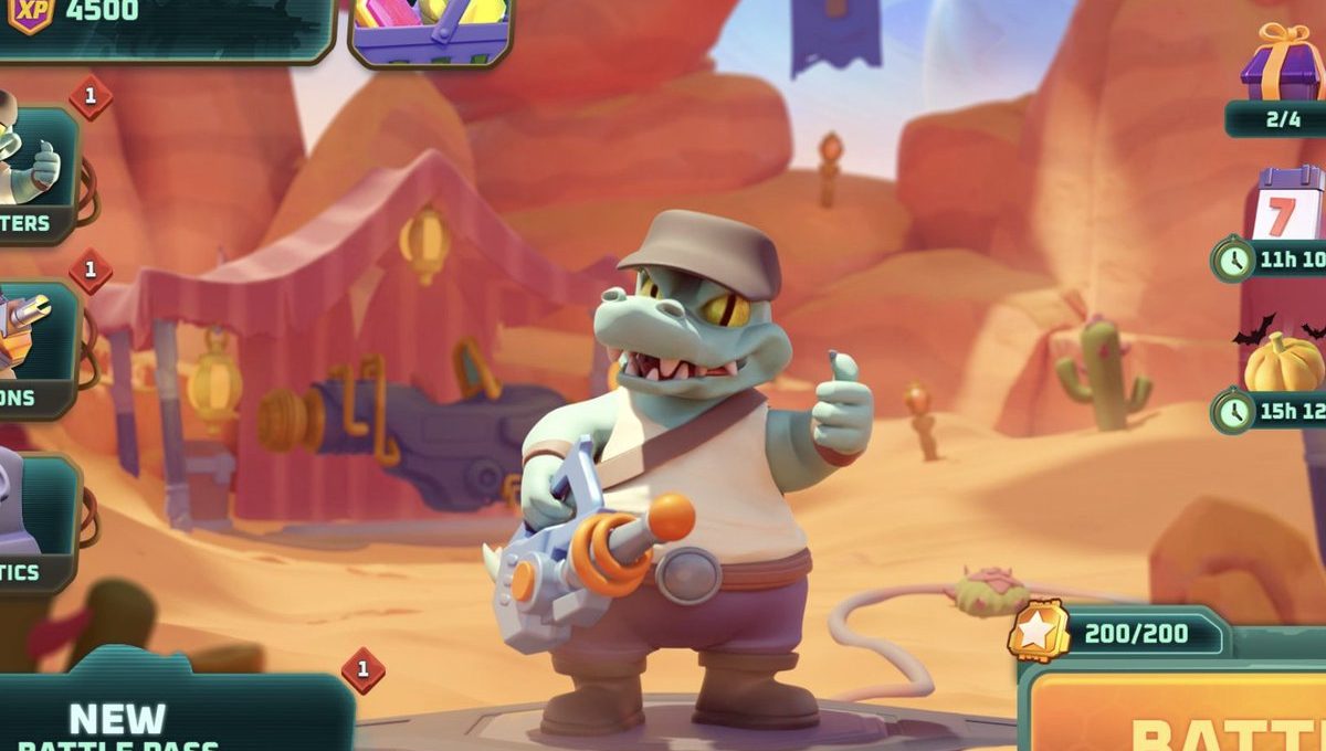 Cartoon crocodile character in desert scene holding a blaster and giving thumbs up