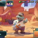 Cartoon crocodile character in desert scene holding a blaster and giving thumbs up