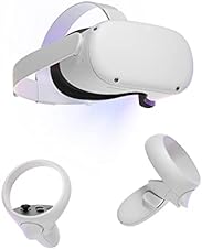 White standalone virtual reality headset with two motion controllers and charging dock