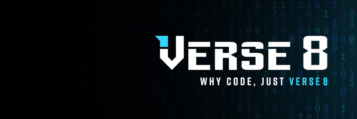 Bold "VERSE 8" logo with tagline "Why code, just Verse8" over a dark binary background