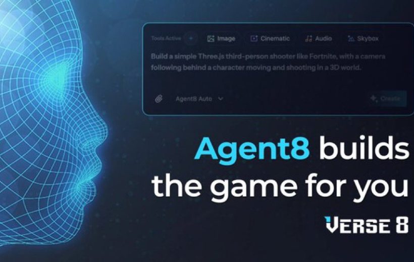 Blue wireframe human profile beside text reading "Agent8 builds the game for you"