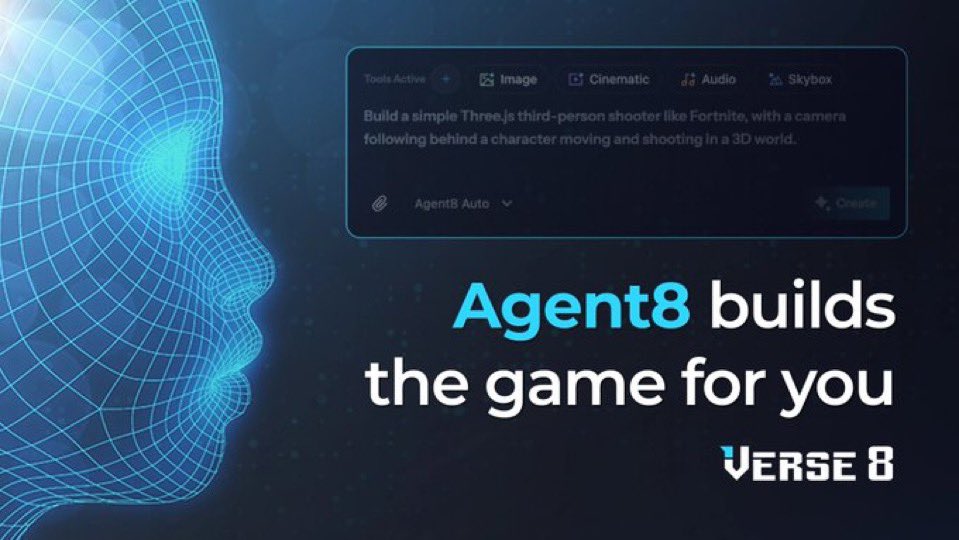 Blue wireframe human profile beside text reading "Agent8 builds the game for you"