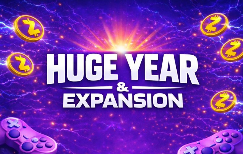 Bold "Huge Year & Expansion" text over purple electric background with game controllers and coins