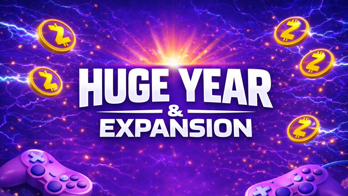 Bold "Huge Year & Expansion" text over purple electric background with game controllers and coins