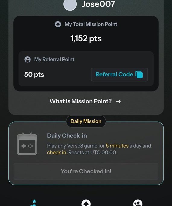 User profile showing rank 202, username Jose007, 1,152 mission points and leaderboard.