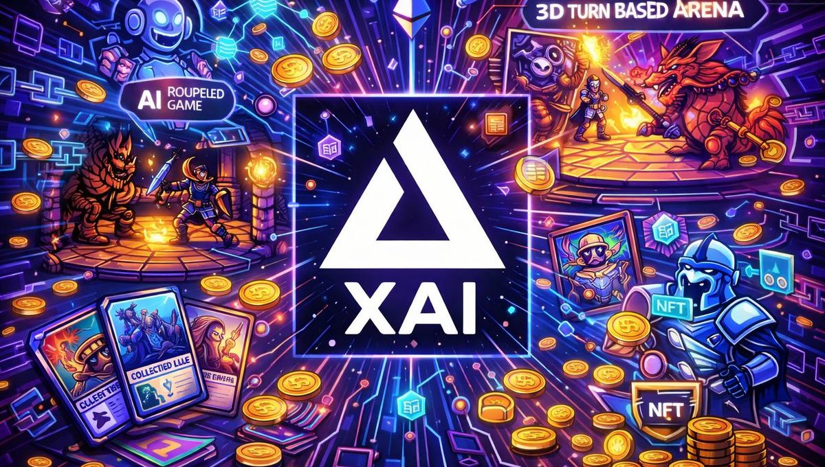 Futuristic gaming collage with XAI logo, NFTs, coins, heroes, and battle arenas