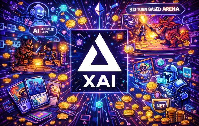 Futuristic gaming collage with XAI logo, NFTs, coins, heroes, and battle arenas