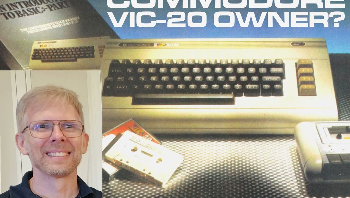 Smiling blond man beside vintage Commodore VIC-20 computer, cassette tapes, and promotional text