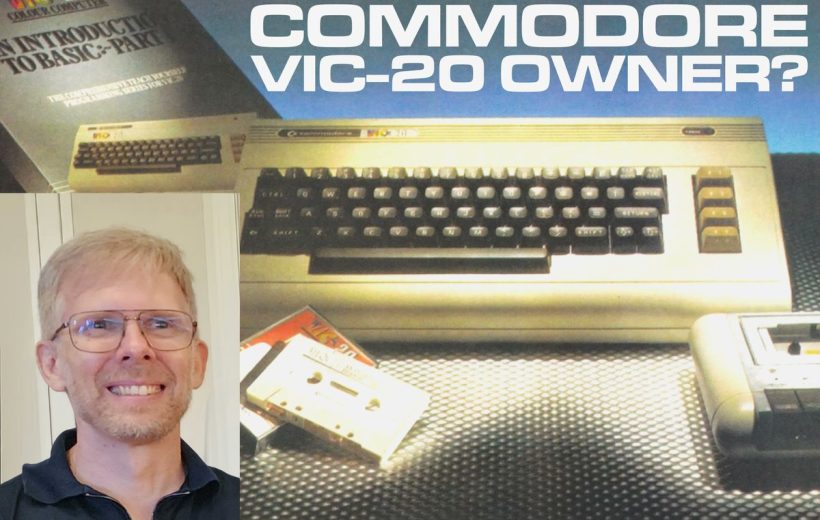 Smiling blond man beside vintage Commodore VIC-20 computer, cassette tapes, and promotional text