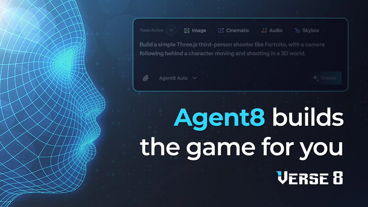 Blue wireframe human profile beside text reading "Agent8 builds the game for you" and logo.