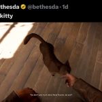Player character petting a small brown cat on wooden floorboards in game screenshot