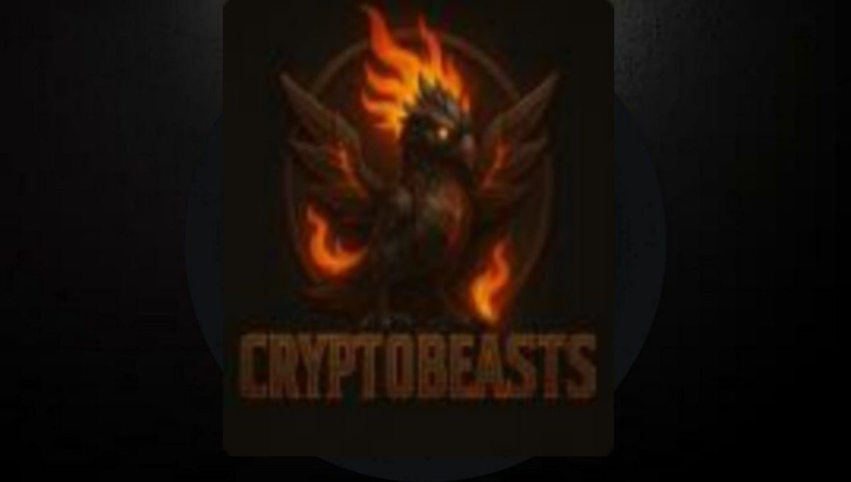 Dark phoenix-like bird with flaming wings perched above the word "CRYPTOBEASTS"
