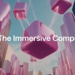 Futuristic cityscape with floating glossy pink cubes and cherry blossom trees, banner text.