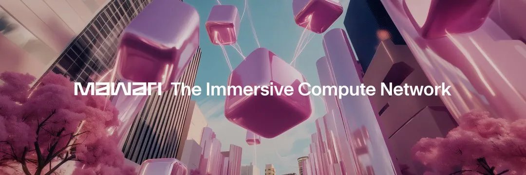 Futuristic cityscape with floating glossy pink cubes and cherry blossom trees, banner text.
