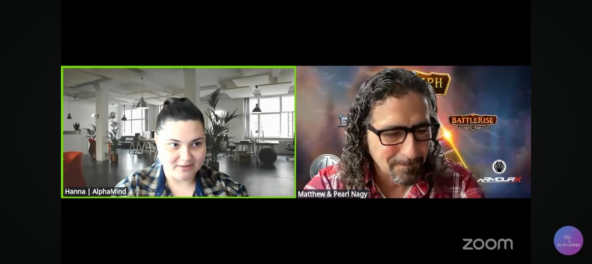 Two people in a virtual video call, woman in office background and man with glasses