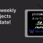 Lav's weekly projects update banner showing project logos and a cartoon character holding card
