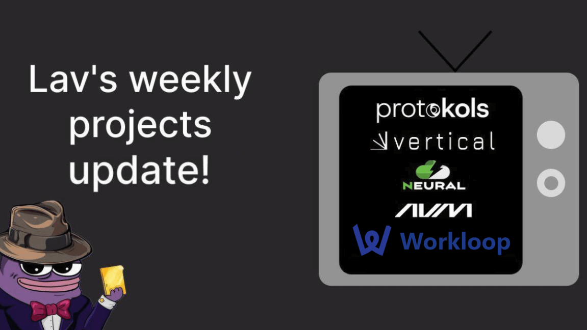 Lav's weekly projects update banner showing project logos and a cartoon character holding card