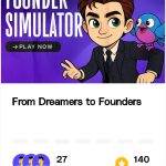 Cartoon businessman with a blue bird on his shoulder promoting Founder Simulator game.
