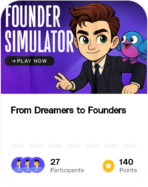 Cartoon businessman with a blue bird on his shoulder promoting Founder Simulator game.