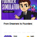 Cartoon male founder in suit with blue bird beside him and "Founder Simulator" title