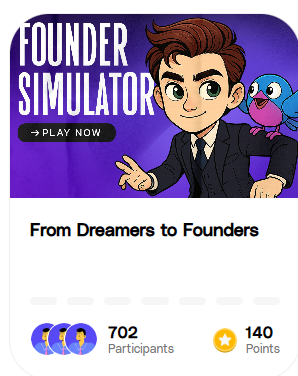 Cartoon male founder in suit with blue bird beside him and "Founder Simulator" title