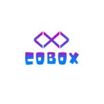 COBOX logo with stylized infinity symbol above bold gradient blue-purple lettering on white