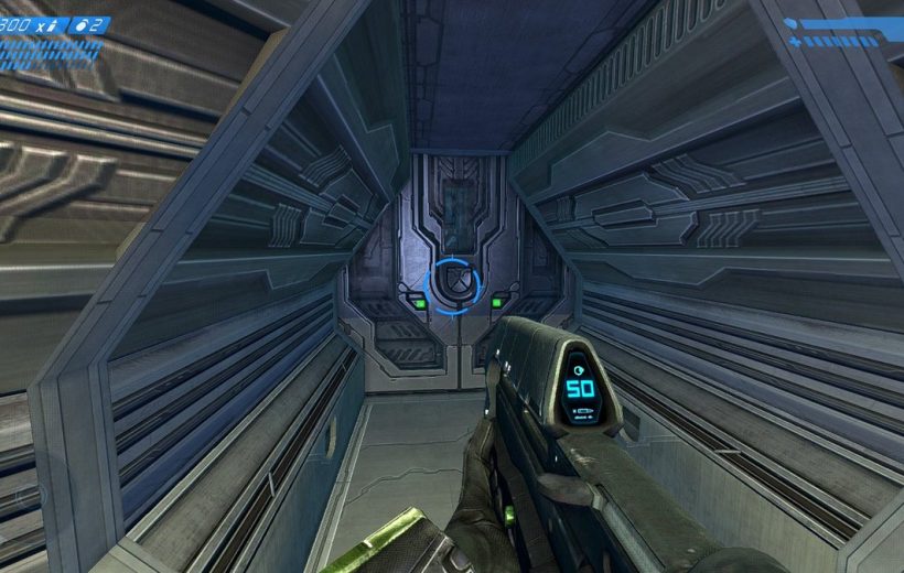 First-person view of a futuristic corridor with a sci-fi rifle and HUD.
